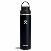 A black Hydro Flask water bottle with a silver logo and a black loop cap, shown on a clean white background.