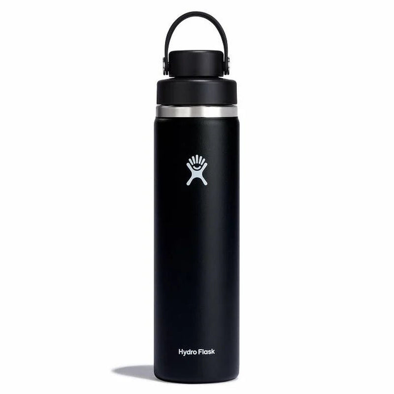 A black Hydro Flask water bottle with a silver logo and a black loop cap, shown on a clean white background.