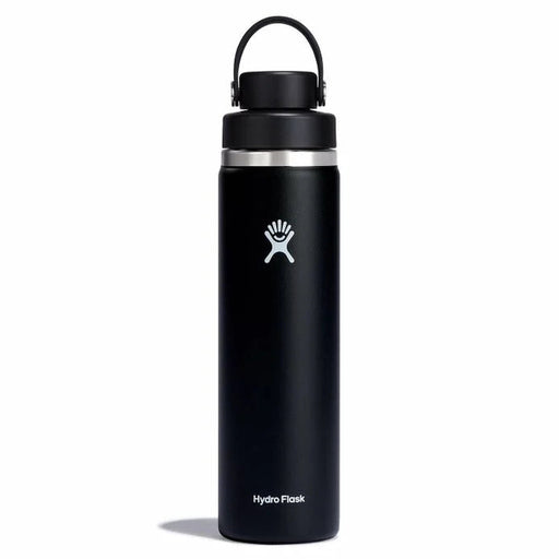 A black Hydro Flask water bottle with a silver logo and a black loop cap, shown on a clean white background.