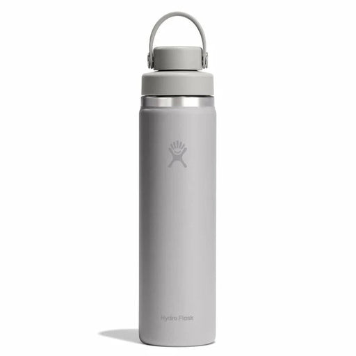 Gray water bottle with a screw-on lid on a white background