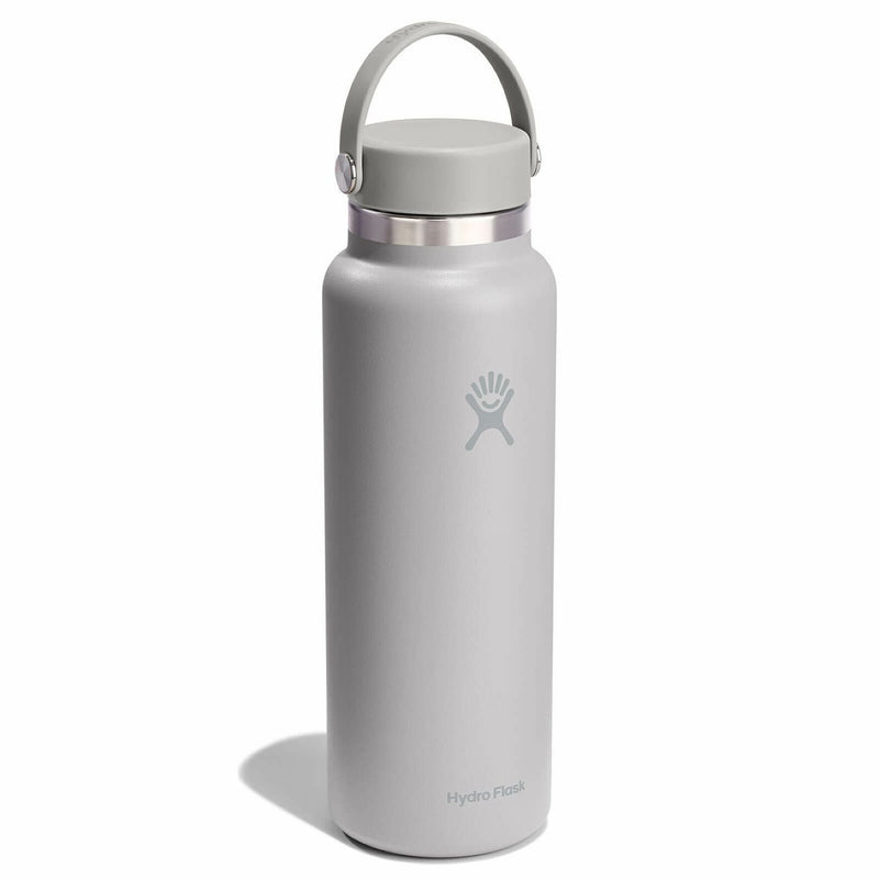 Gray water bottle with silver cap on a white background