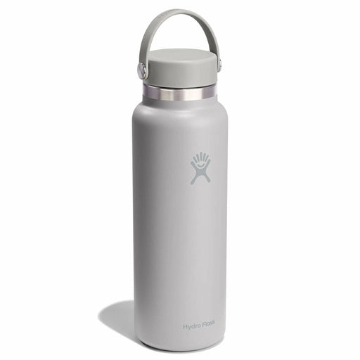Gray water bottle with silver cap on a white background