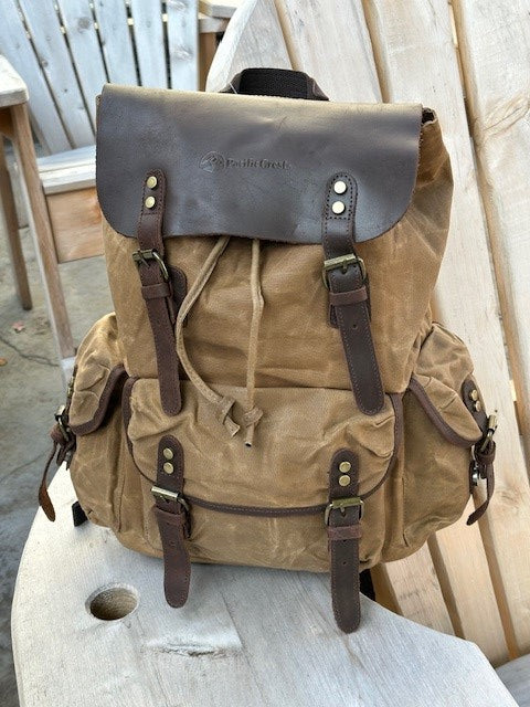 Brown leather bag with a flap on a wooden surface