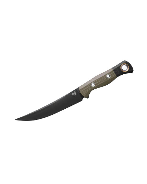 Black blade knife with a brown handle on a white background