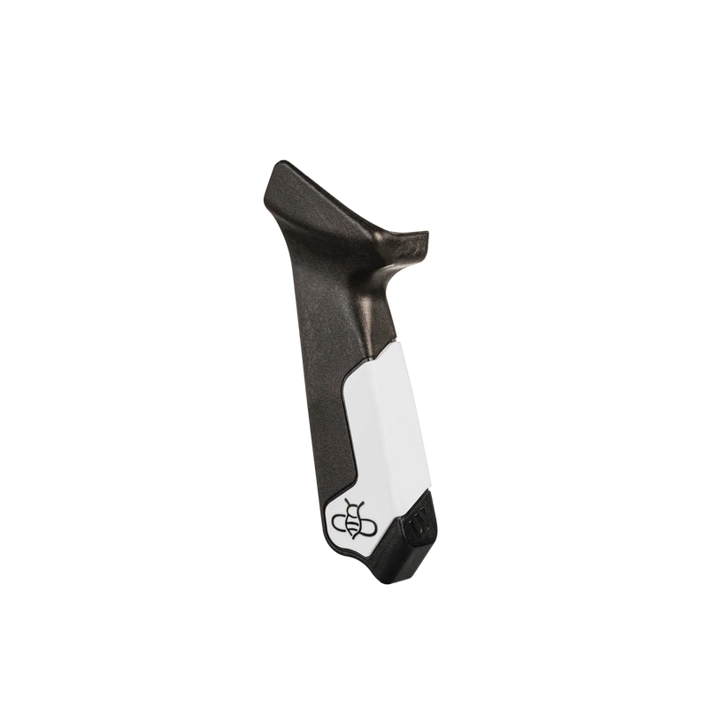 Black and white grip with a bee motif on a white background.