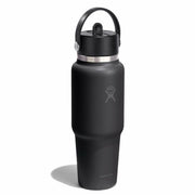 A matte black Hydro Flask water bottle with a matching black lid and carrying loop, featuring a silver band near the neck and a gray logo on the front, set against a plain white background.