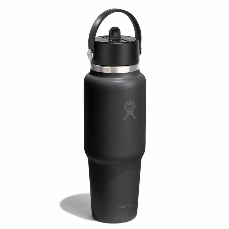A matte black Hydro Flask water bottle with a matching black lid and carrying loop, featuring a silver band near the neck and a gray logo on the front, set against a plain white background.