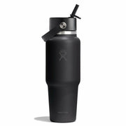 A matte black Hydro Flask insulated tumbler with a matching black lid and straw, featuring the brand's logo on the front, set against a plain white background.