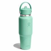 Mint green water bottle with a silver cap on a white background