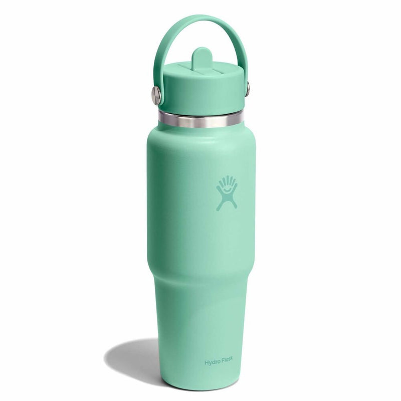Mint green water bottle with a silver cap on a white background