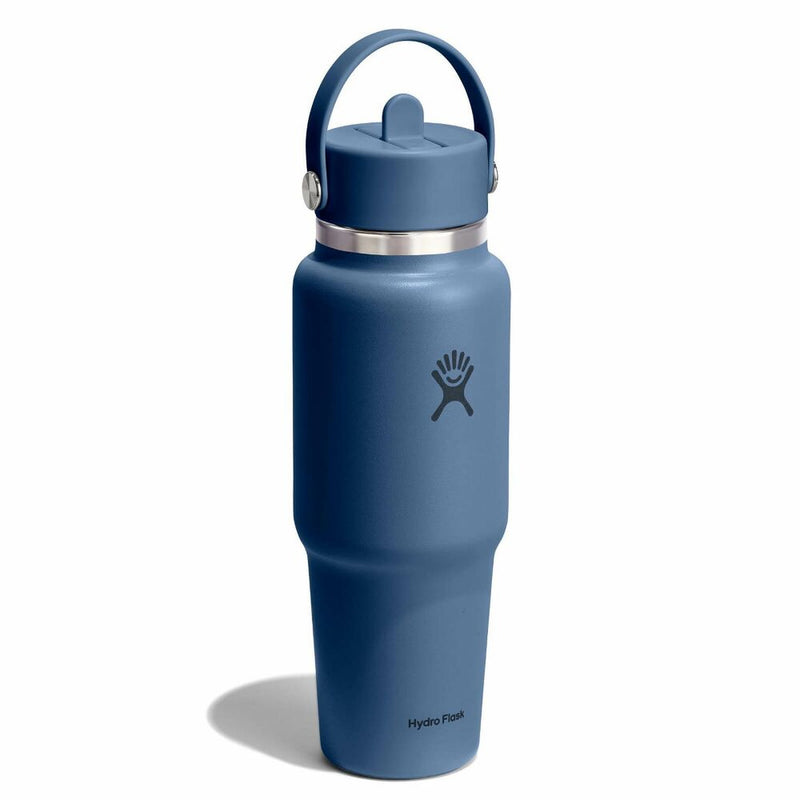 Blue water bottle with a silver cap on a white background