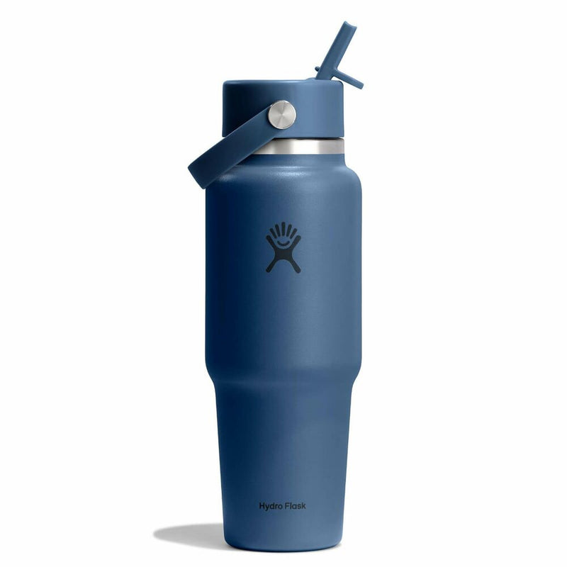A blue Hydro Flask insulated water bottle with a matching blue lid and straw, shown on a clean white background.