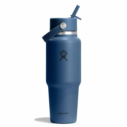 A blue Hydro Flask insulated water bottle with a matching blue lid and straw, shown on a clean white background.