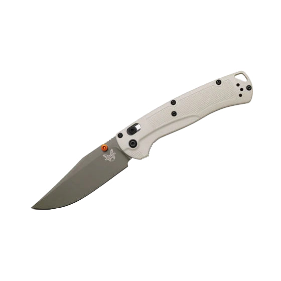Folding knife with a beige handle on a white background