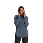Person wearing a blue hoodie on a white background