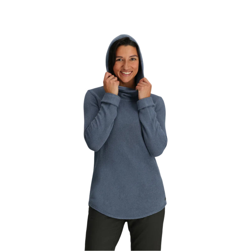 Person wearing a blue hoodie on a white background